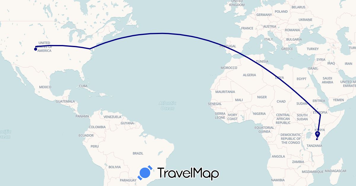 TravelMap itinerary: driving in Ethiopia, Tanzania, United States (Africa, North America)